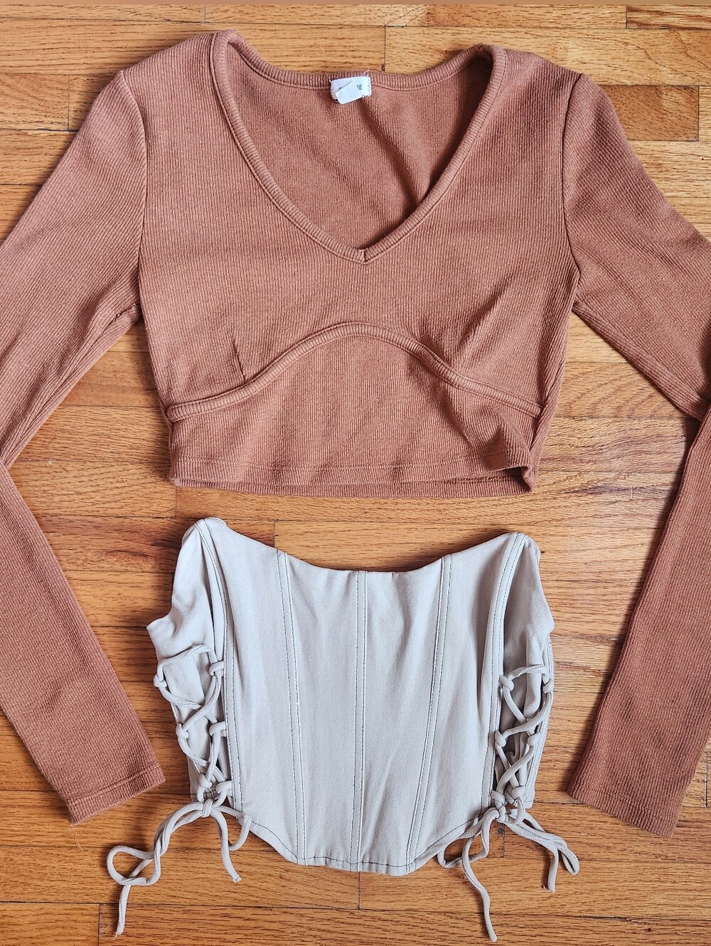 GARAGE 2-Pc Bundle: Terracotta Ribbed Crop Top & Beige Lace-Up Corset Bundle
